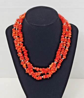 Collar de plata de ley con cuentas de coral rojo de múltiples hilos Foto 1 de 4