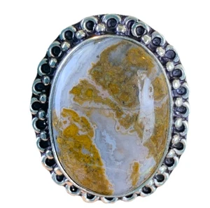 Yellow Moss Agate 925 Sterling Silver Oval Ring Size 8.5 Boho Statement Art Deco - Picture 1 of 9