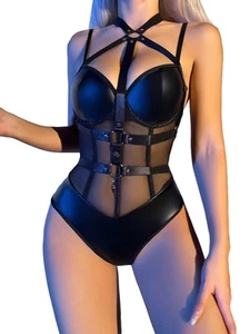 Lingerie for Women PU Leather One piece Strappy Mesh Teddy Bodysuit Black - Picture 1 of 6