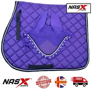 NASX SPORTS ® LILA VOLL Sattelunterlage passendes Set Fliegenschleier Motorhaube Ohrhaube gepolstert Numnah UK