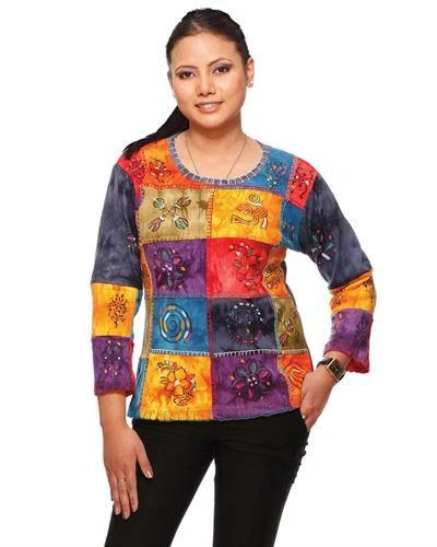 RISING INTERNATIONAL HANDCRAFTED 100% COTTON PATCHWORK 3/4 SLEEVES TOP / T-SHIRT - Image 1 of 1