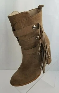 Zara Woman Boots Camel Leather Mid Calf Fringe Zip Block Heel Size EU38/US7.5 - Picture 1 of 12
