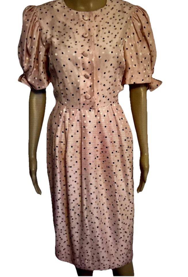 Винтажный FloraKung платье размер 6 100% шелк розовый горошек Saks 5-й авеню 80-х вечеринки - Изображение 1 из 4