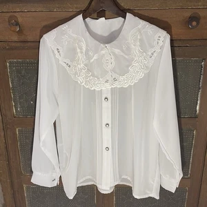 Ivory Sheer Women L Button-up Blouse Peter Pan Collar Bird Embroidery Detail - Picture 1 of 11
