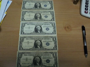 Lot Of Five 1957A Blue Seal Silver Certificates Circulated - Picture 1 of 12
