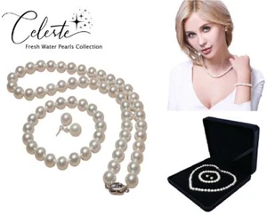 Full Set Real Fresh Water White Pearl Necklace Bracelet Earrings Celeste Silver - Picture 1 of 12