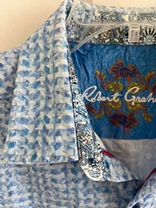 EUC ROBERT GRAHM BLUE White Fractal Geometric Cotton Short Sleeve Shirt SZ L - Picture 1 of 12