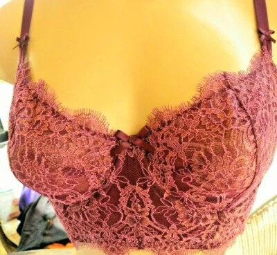 Victorias Secret Rare Vintage bra 36d pushup longline kir unlined gold lace wine - Imagem 1 de 4