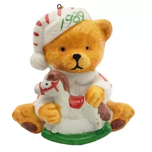 1989 Ceramic Teddy Bear Christmas Ornament Ceramic Pajamas Rocking Horse VTG - Picture 1 of 5