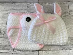Juego de cubierta de pañales sombrero crocheted blanco rosa recién nacido bebé utilería conejito renacido m1092 - Imagen 1 de 4