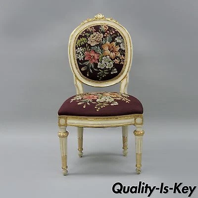 Antique French Louis XVI Style Carved Floral Needlepoint Accent Chair White Gold Cover