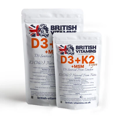 BRITISH VITAMINS D3 K2 (MK-7) from Natto + MSM D3 - 5000IU K2 - 355mcg