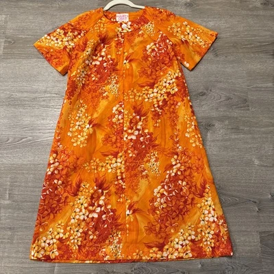 Vintage Harriets Hawaiian Orange Floral Knee Length Dress 70's Hawaii Beach Sz M - Image 1 of 4