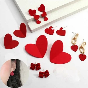 Women's Wine Red Love Heart Paint Earrings Bowknot Silver Needle Stud Earrings - Picture 1 of 17