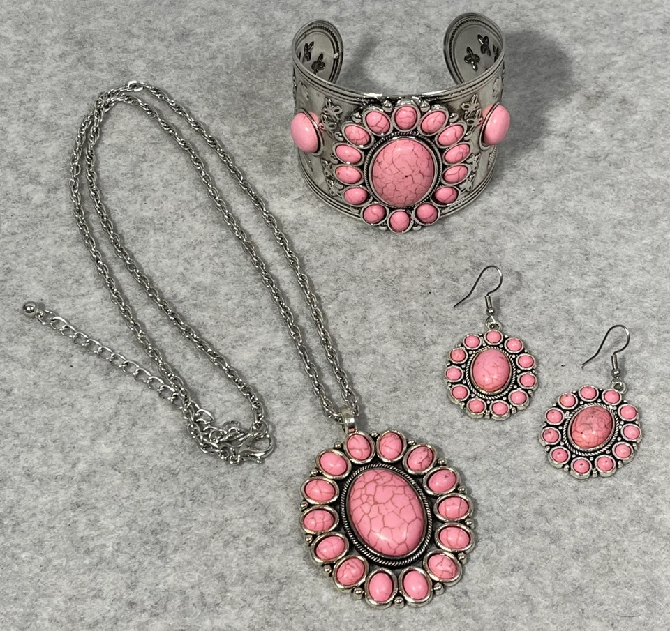 Conjunto de Joyería Howlite Pendientes Flor Brazalete Pulsera Colgante Collar Western Boho Foto 1 de 4