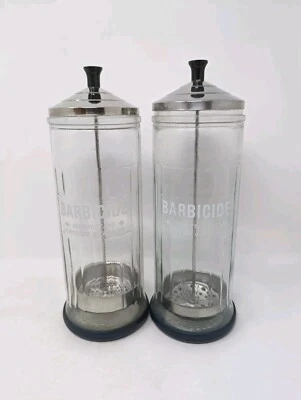 2 frascos de vidrio desinfectante barbicida de colección agarre de goma inferior 11" con tapa de metal King Foto 1 de 4