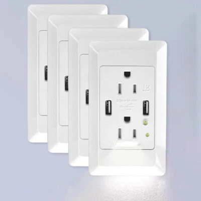 4.2A USB Outlets Wall Receptacles LED Night Lights Tamper Resistant w/Plate 4Pcs - Image 1 of 4