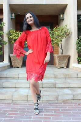 Hale Bob Red Crepe Shift Dress | Lace Ruffle XS NWT 82FS6503 - Image 1 of 4