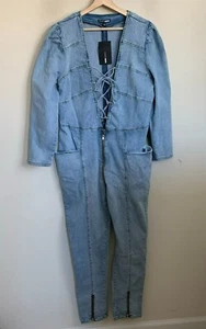 Fashion Nova Jumpsuit Blue Laced Bodice Zip Design Tapered Leg Pockets Sz L NEW - Picture 1 of 11