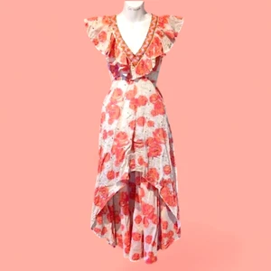 Vestido de sol Boston Propio con cuentas adornado con volantes alto bajo estampado floral talla XS 1F - Imagen 1 de 14