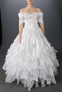 Mary's Import Bridals Vintage 80s White Organza Beaded Quince Wedding Dress 16 - Picture 1 of 4