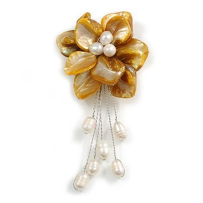 50 mm D/antigua cáscara amarilla con cuentas de perlas de agua dulce borla flor asimétrica Foto 1 de 4