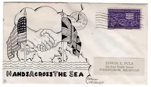 Dorothy Knapp Hand-Drawn Cachet #4 U.S. Great Britain Hands WWII Patriotic - Picture 1 of 2