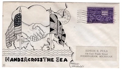 Dorothy Knapp Hand-Drawn Cachet #4 U.S. Great Britain Hands WWII Patriotic - Image 1 of 2