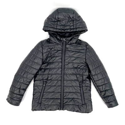 Abrigo acolchado Zara para niños talla 7 (122) negro imitación cuero chaqueta con capucha cremallera completa Foto 1 de 4