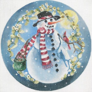 Needlepoint Handpainted Joy Juarez Snowman Red Cardinal 7" - Picture 1 of 4