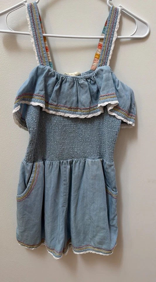 Matilda Jane Picnic in the Park Romper Girls 16 Chambray Blue Ruffled W Pockets - Image 1 of 4