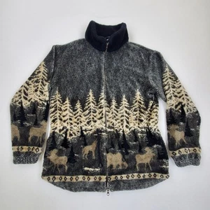 Vintage 90s Black Diamond Mountain High Pile Fleece Zip Jacket Moose Trees Sz M - Picture 1 of 15