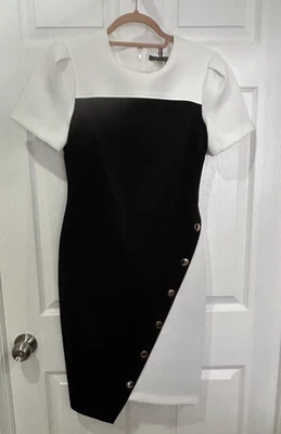 Tommy Hilfiger Talla 4 Vestido Vaina Dobladillo Asimétrico Buceo Color Negro y Marfil Foto 1 de 4