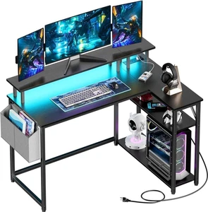 Yornoli L Shaped Gaming Desk with LED Lights & Power Outlet for Small Spaces - Picture 1 of 12