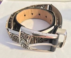 vtg BRIGHTON BLACK LEATHER & FILIGREE METAL PANEL BELT SIZE S ~ 28 ~ MADE IN USA - Picture 1 of 9
