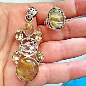 925 Sterling Silver Natural Golden Rutilated Quartz 2.5" Pendant/Ring Size 8 Set - Picture 1 of 5