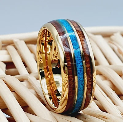 Anillo único turquesa para hombre oro amarillo tungsteno alianza de boda anillo con incrustación de palo de rosa Foto 1 de 4