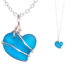USA Artisan SEA GLASS Heart silver wired Turq. BLUE pendant necklace *MERZIEs*