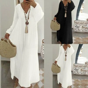 S-5XL Women Long Sleeve Cotton Loose Long Summer Maxi Dress Kaftan V-Neck Dress - Picture 1 of 14