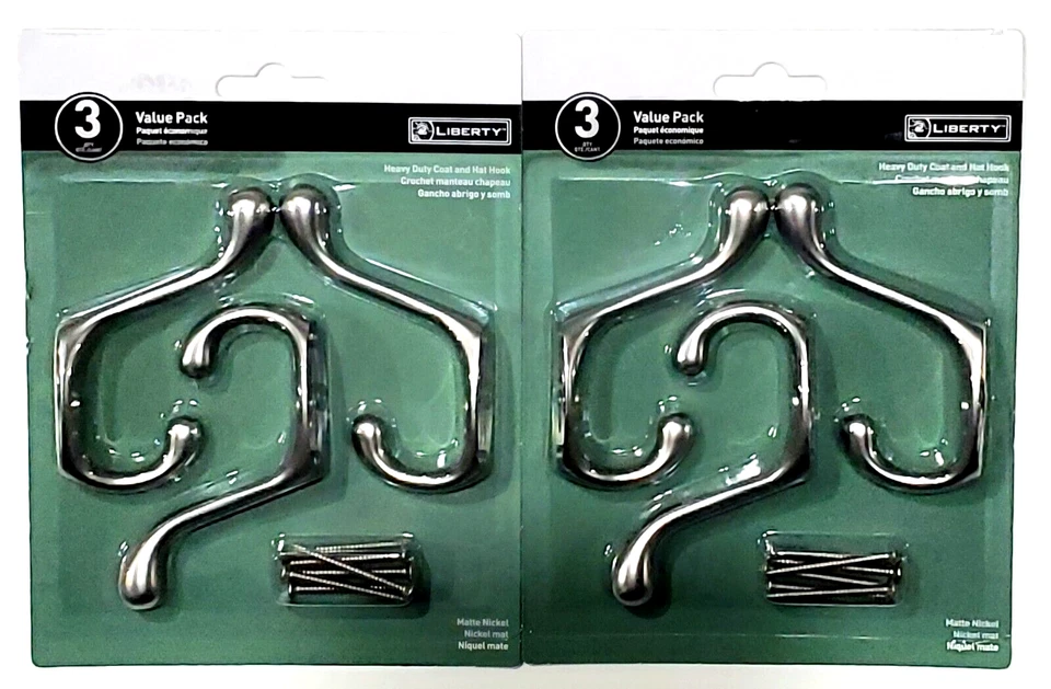 2 paquetes de tres ganchos para abrigo y sombrero Liberty de alta resistencia níquel mate Foto 1 de 1