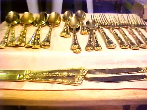 WM Rogers and Sons GOLD COLOR Flatware Service 8 Spoons 8Table 4 Knives 6 Forks - Picture 1 of 10