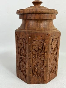 Vintage Hand Carved Wood Canister Jar Boho Made in India - Picture 1 of 9