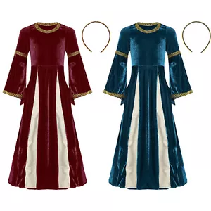 Kids Girls Costume Wrinkleless Gown Maxi Dress Patchwork Robe Medieval Uniform - Picture 1 of 34