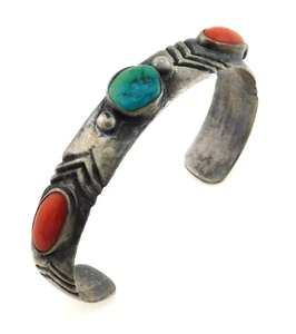 Indianer 925 Sterling Silber Türkis & Koralle gestempelt Armreif Armband - Bild 1 von 11