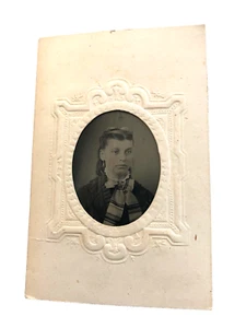 Young Lady, Pretty Bow,  Tin Type CDV, Embossed, c1860s, #3961 - Picture 1 of 1