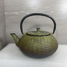 Green Metal Cast Iron Tea Pot with Basket Weave Design 7” x 6” x 3”