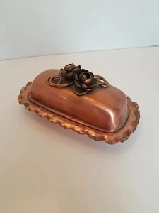 Vintage Gregorian Solid Copper Butter Dish Flowers USA Made W/glass Insert - Picture 1 of 4