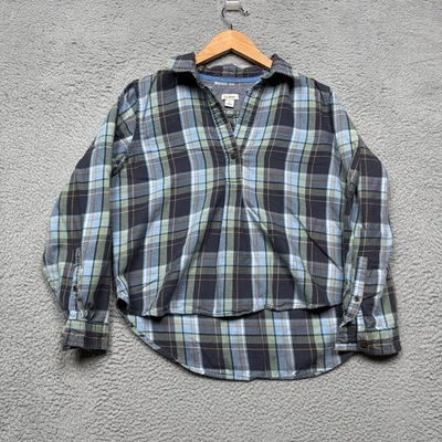 Camisa de franela LL Bean para mujer pequeña PS azul a cuadros popover informal al aire libre Foto 1 de 4