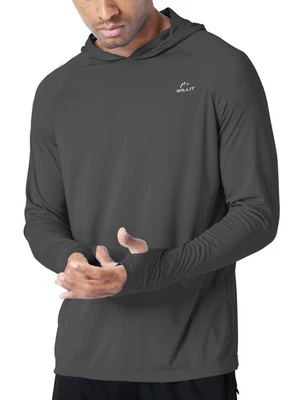 男式 UPF 50+ 太阳衬衫连帽衫长袖 UV 防撞钓鱼跑步灰色 S — 第 1/4 张图片