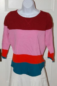 J CREW Teal Orange Pink Rust Striped 3/4 Sleeve Linen Blend Women's Shirt Sz M - Picture 1 of 6